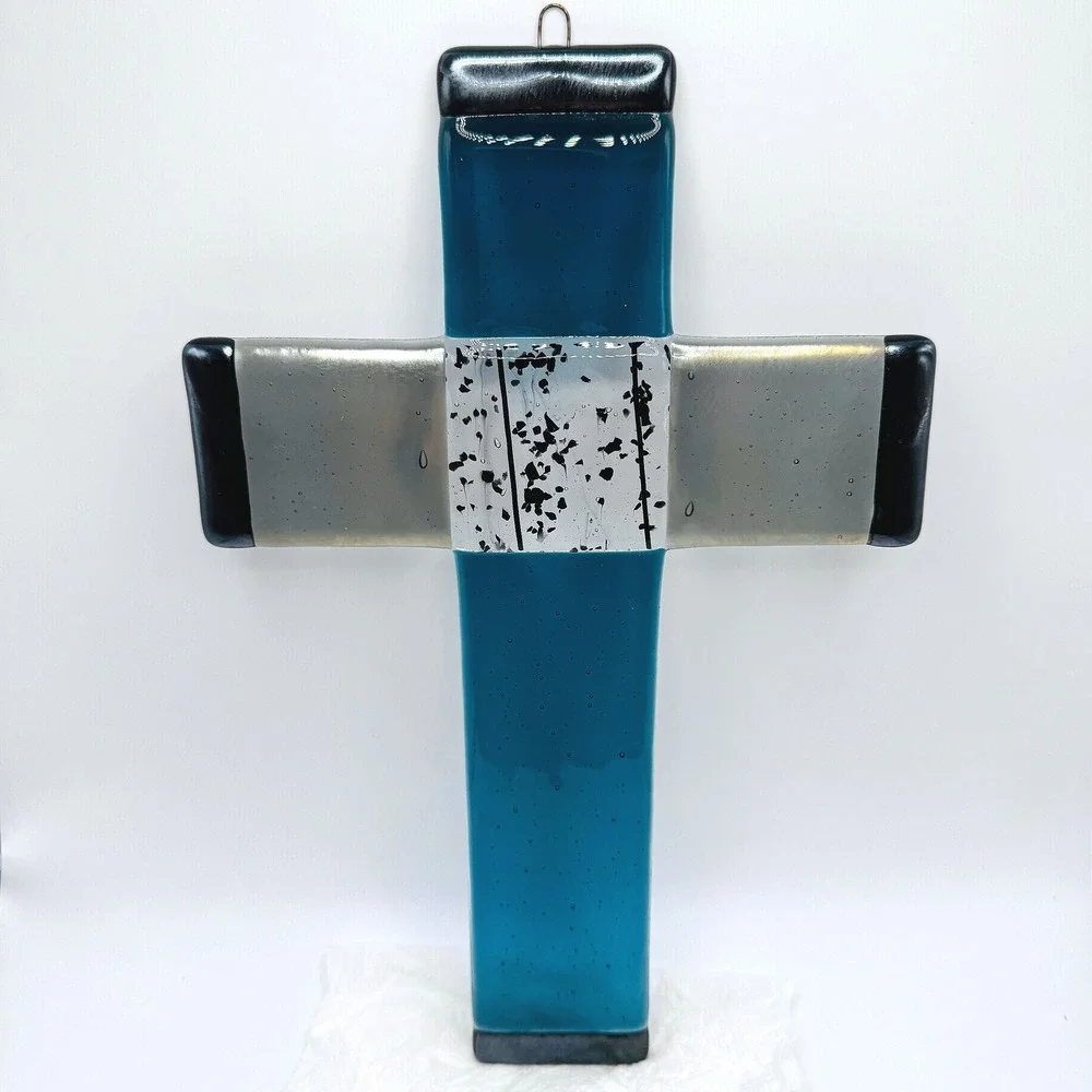Handmade Fused Glass Wall Cross Faith Blue Art Glass Religious Decor